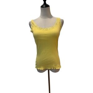Vtg Y2K Yellow Ribbed Tank Top Camisole Sz M Lace Letter Hem Grunge Fairy Twee